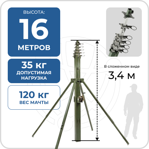 Мачта 16 метров переносная  с лебедкой на треноге без прожекторов ПМО(ПМТ) - 16 (Л)